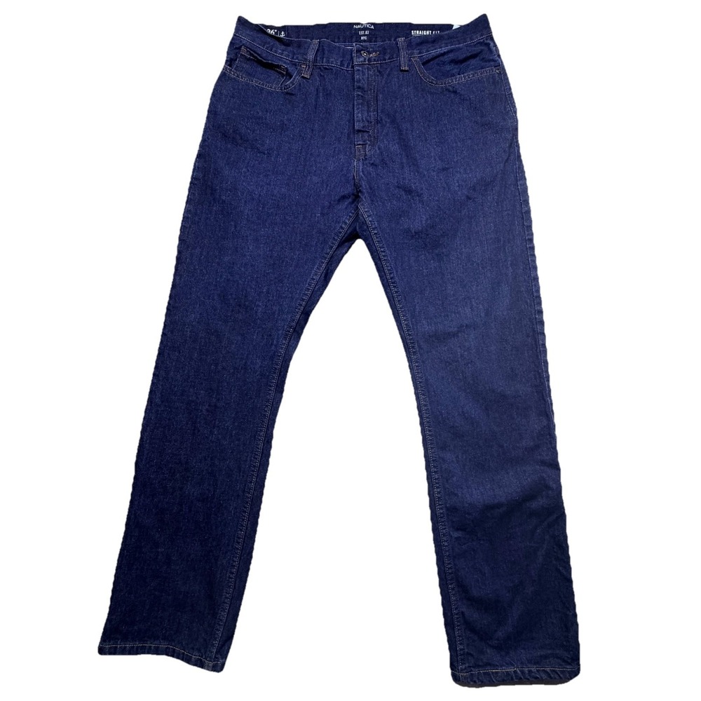 Nautica Straight Fit Jeans Men 36x30 Tag(36x32)Dark Wash Blue Denim Pants Hemmed